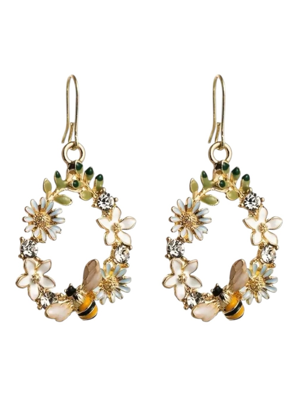 Vintage Style Cute Bee and Flower Enameled Dangle Earrings